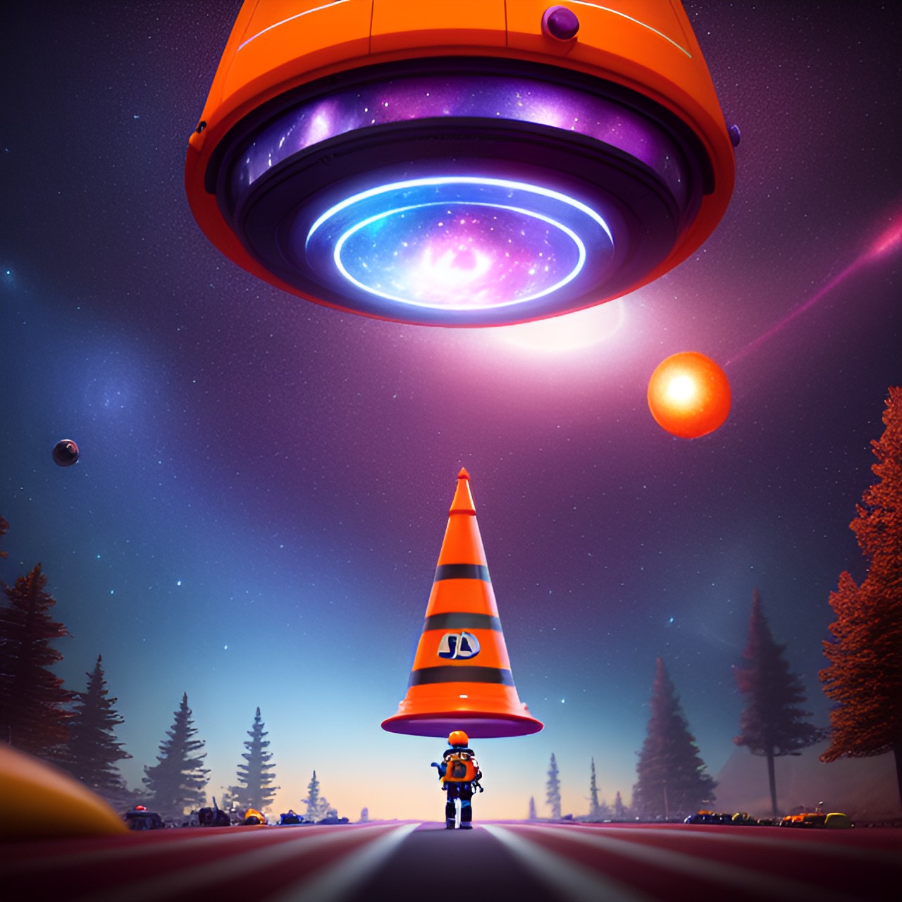 space cone - orange traffic cone space galaxy stars planets ufo  purple planets stars moon mother ship alien princess preview