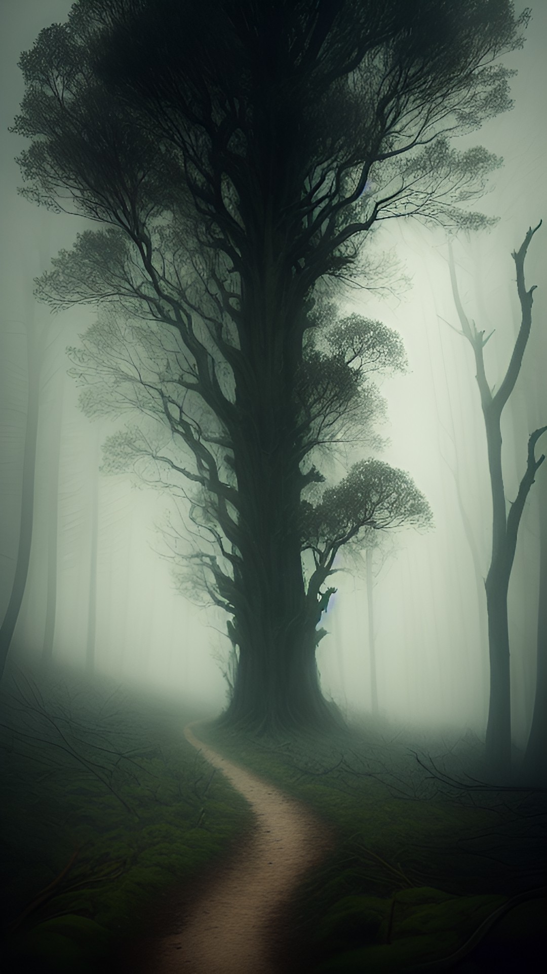 eerie location with misty fog hovering over a dark, abandoned forest. the trees are twisted and gnarled, and there's an ominous feeling in the air. preview