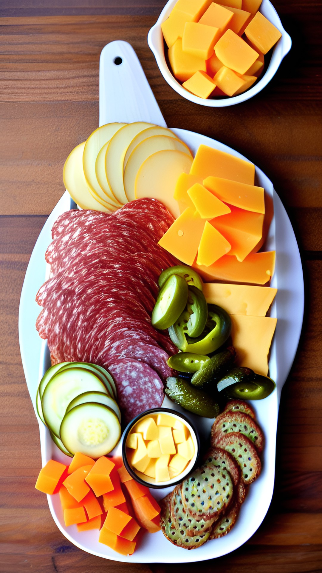 sliced cheddar and sliced dill pickles on a charcuterie board preview