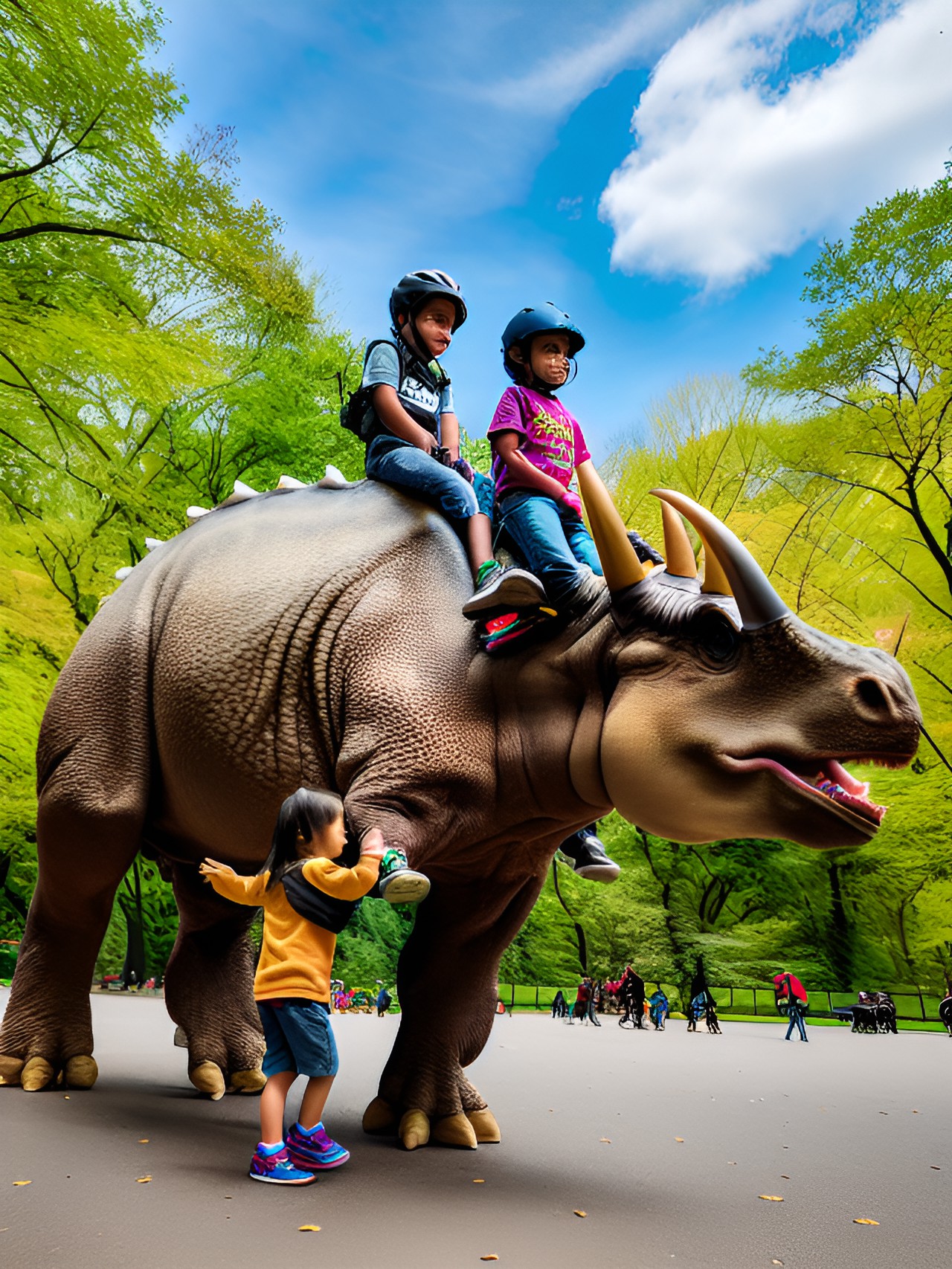 kids petting and riding a triceratops in central park preview