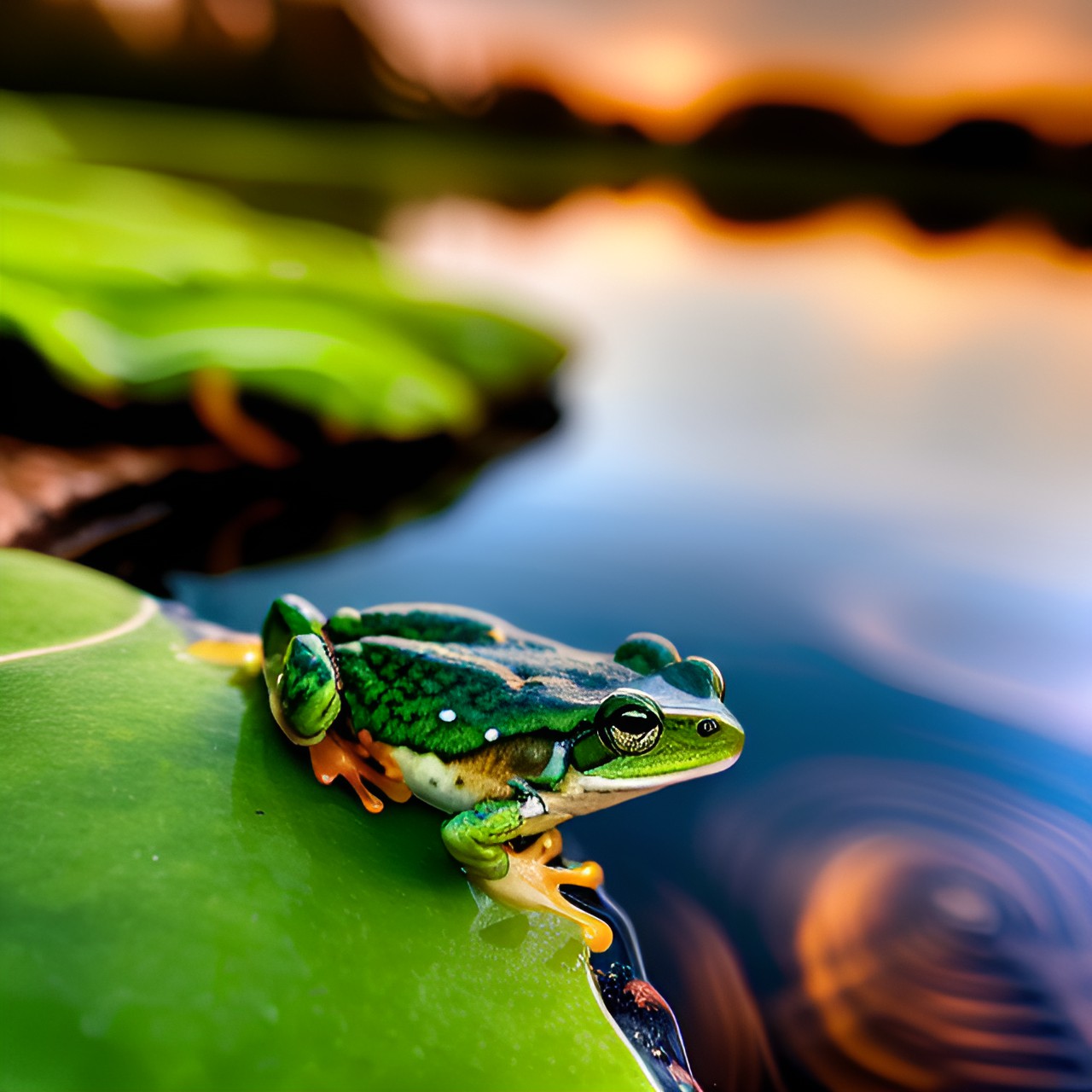 frog at a pond in sunset with clear water frog facing the sky preview