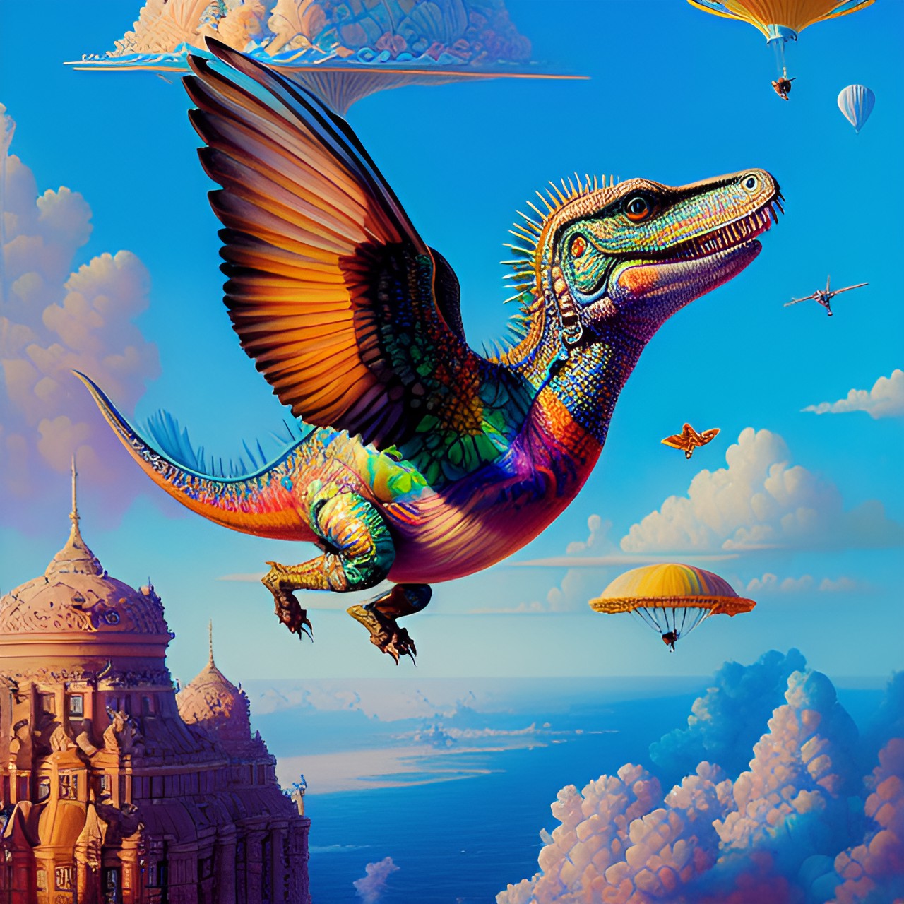 dino parachuting in the sky. preview