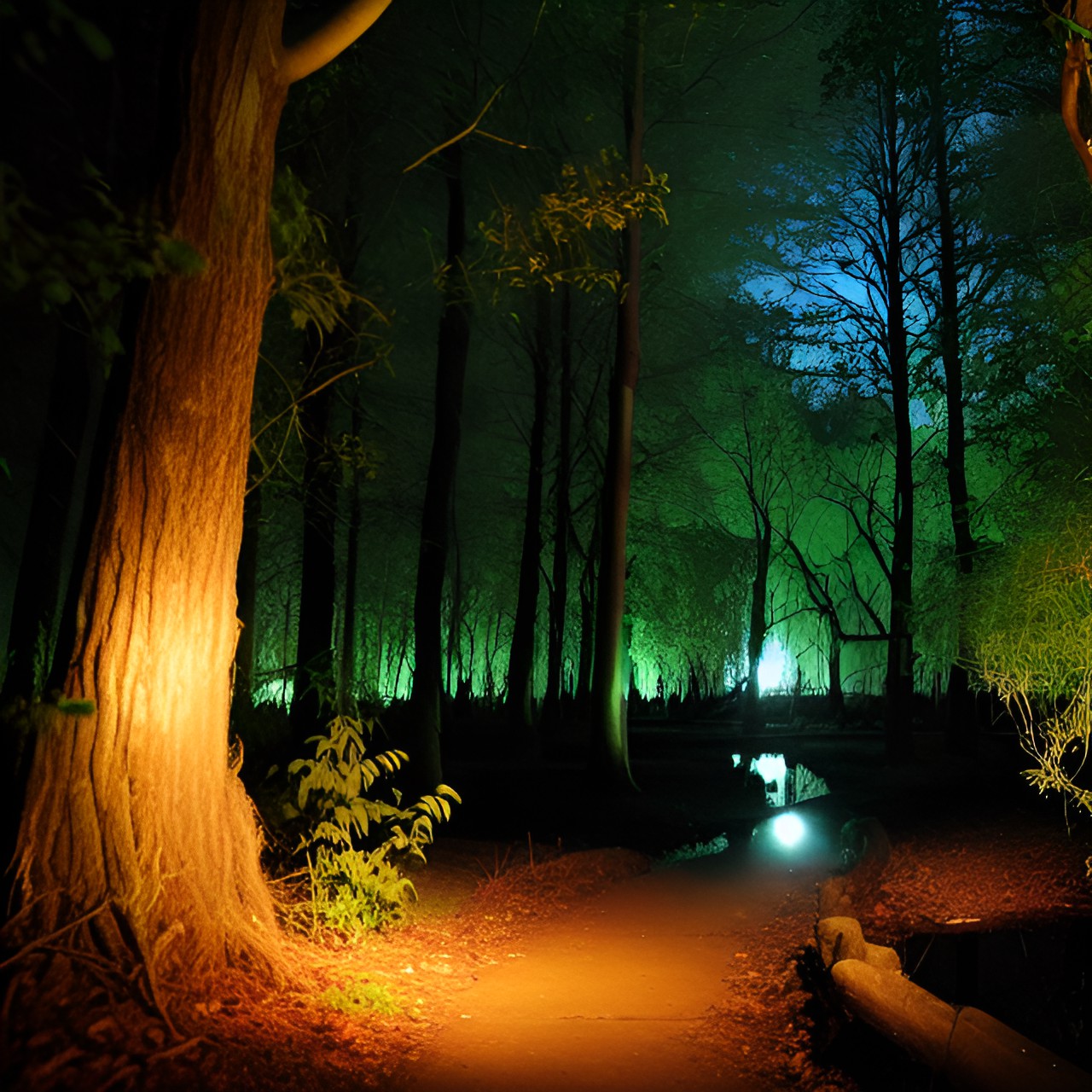 mongrove swamp - a dense mongrove swamp with winding pathways, and towering tree roots, at night preview