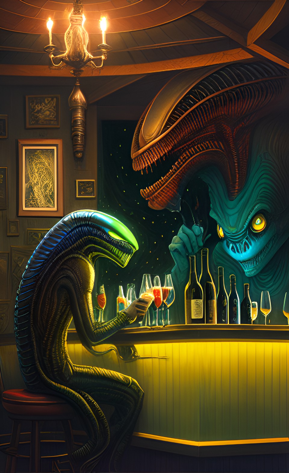 alien drinking wine in a bar preview