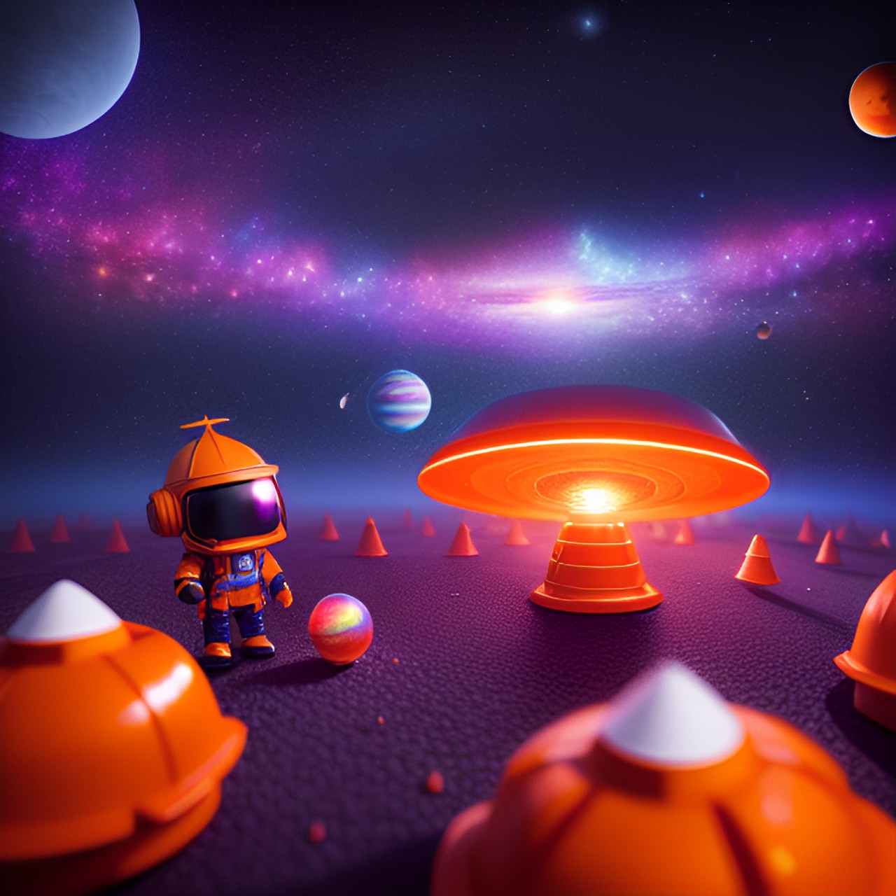 space cone - orange traffic cone space galaxy stars planets ufo  purple planets stars orange mother ship preview