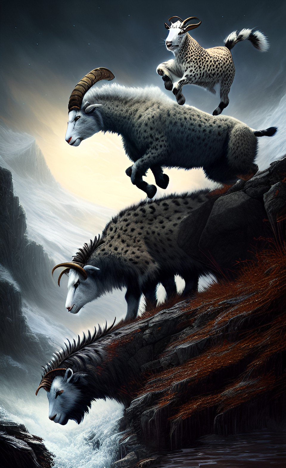 goat x snow leopards - goat x snow leopard hybrid, leaping out of the river, dark spectral, intricate preview