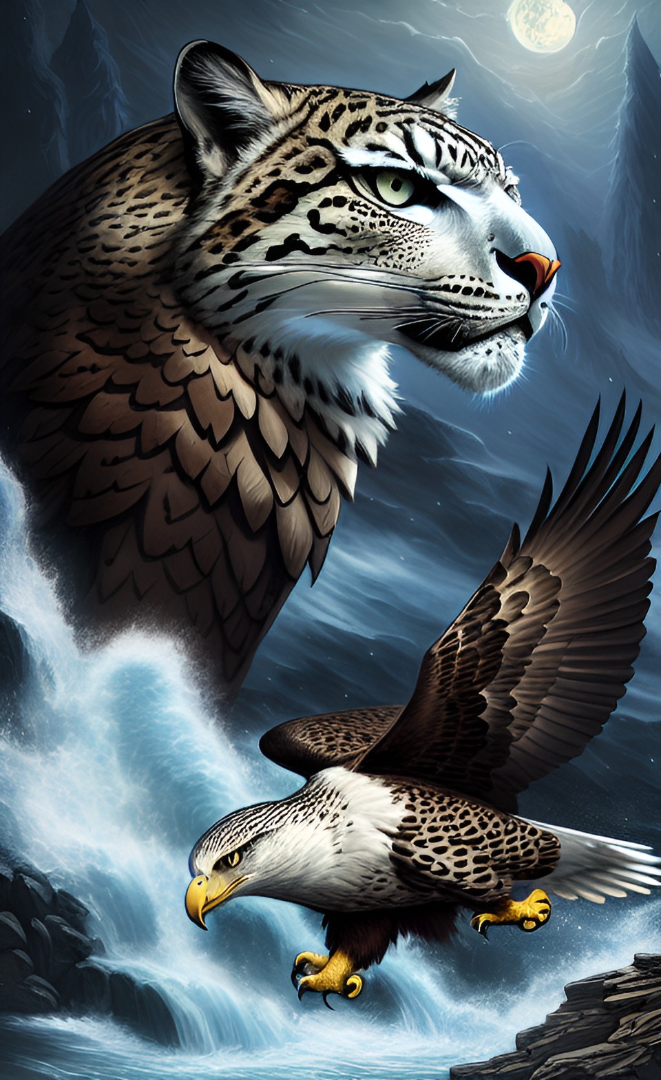 eagle x snow leopards - eagle x snow leopard hybrid, leaping out of the river, dark spectral, intricate preview