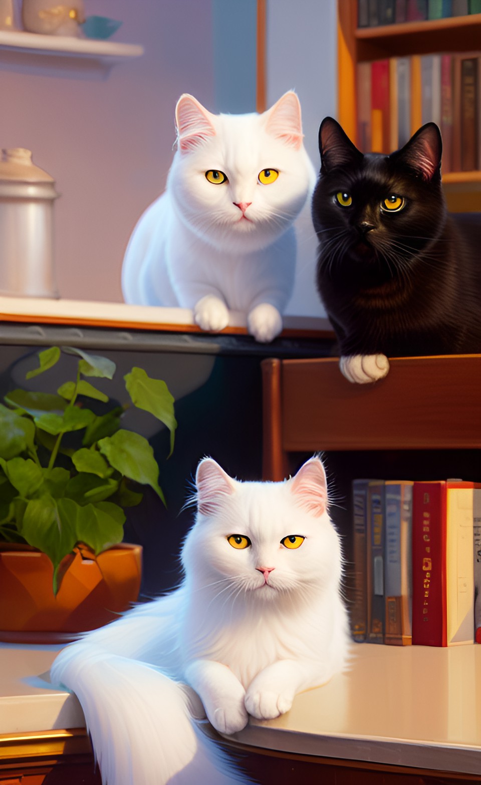 white persian cat and a black cat being sisters preview