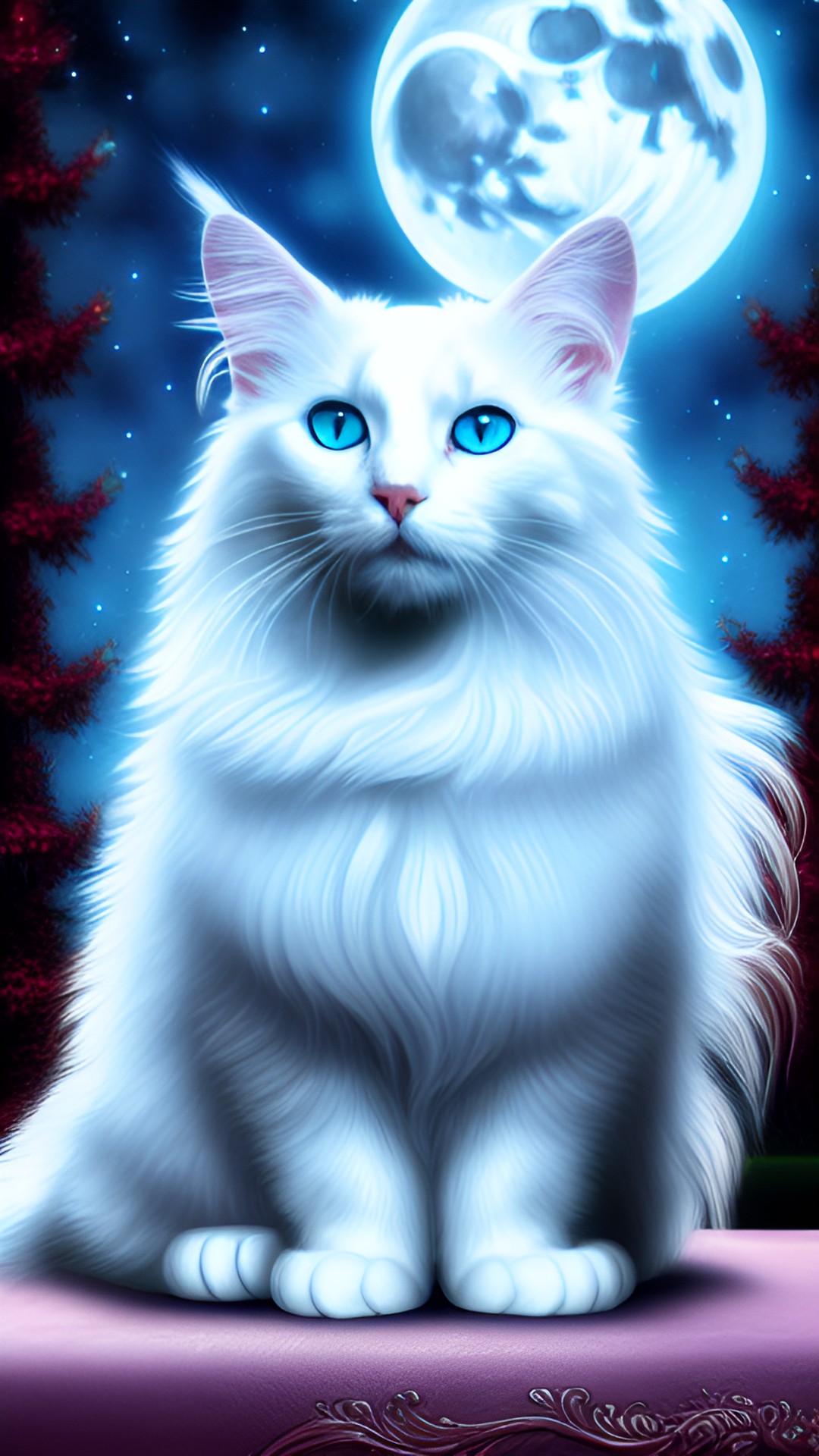 long-haired white cat in the moonlight all in blues preview