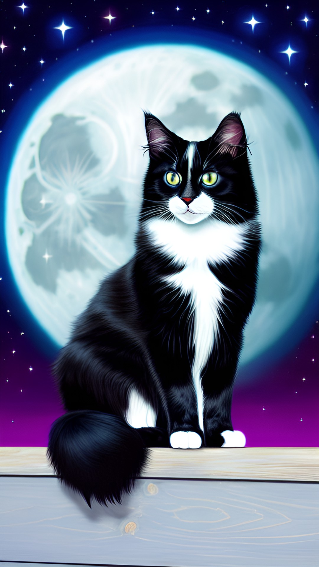 long-haired tuxedo cat in the moonlight all in blues preview