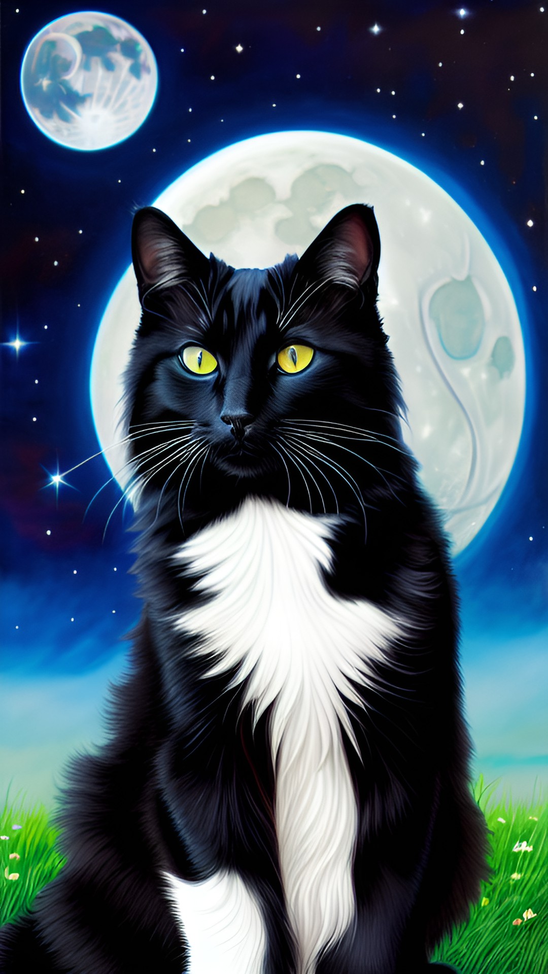 long-haired tuxedo cat in the moonlight all in blues preview