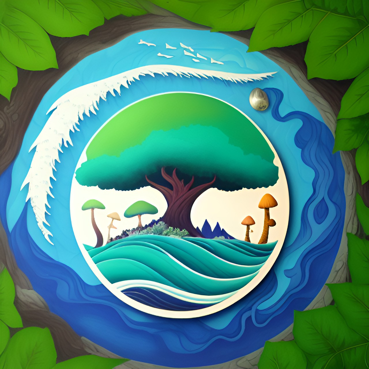 draw a logo for a medicine retreat with laurisilva forest, dark green tree and foliage tenerife mountains and mushrooms on a dark blue background of ocean waves in high definition preview