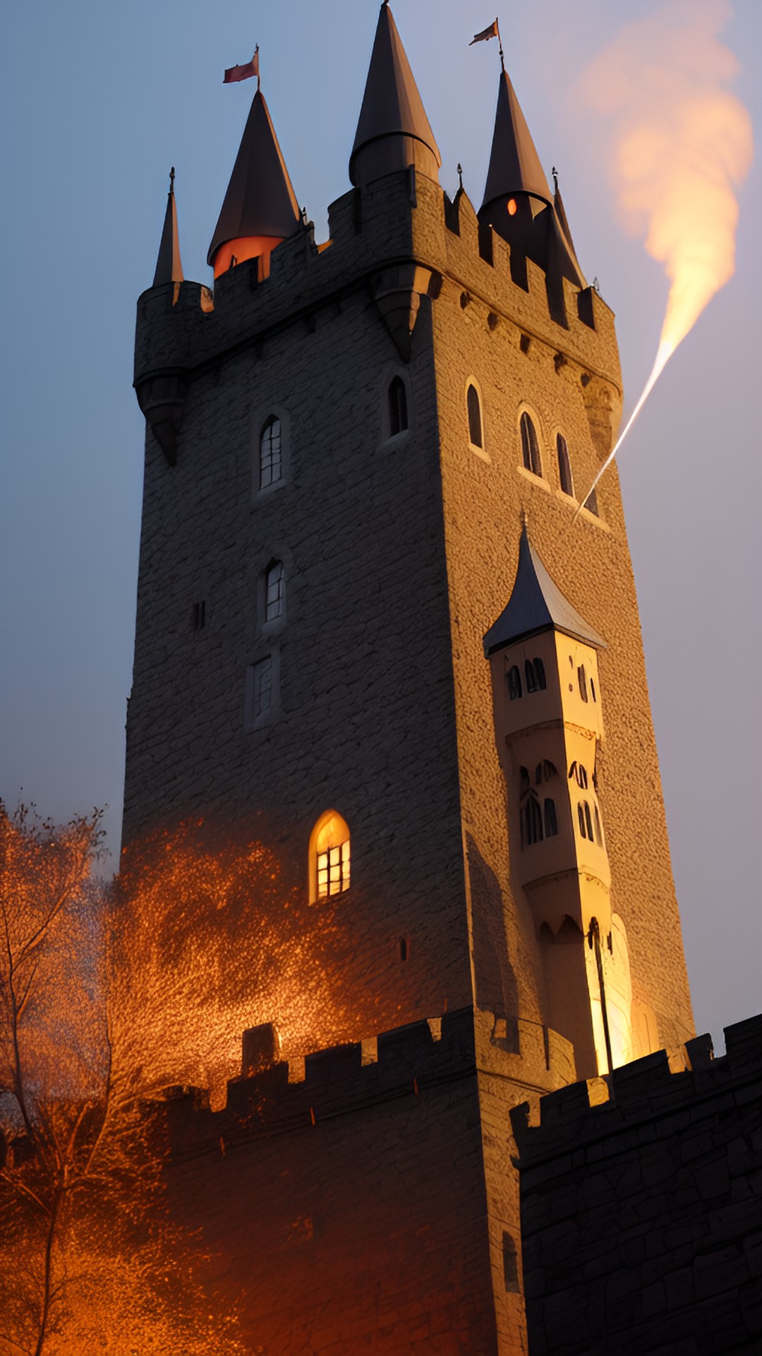 tower in a castle from medieval times burning down at night preview