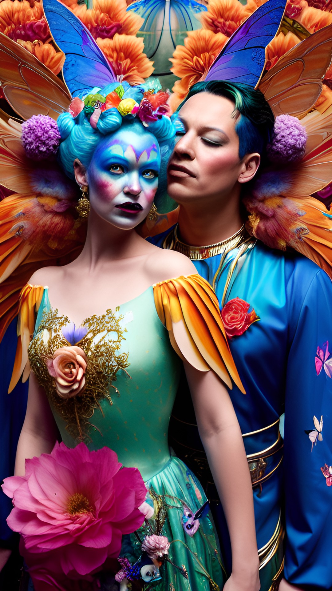 Tesspression_art - a male clown and a fairy with wings are in love standing in a room full of flowers the woman looks like kate moss it’s hyper realistic fairytale cinematic romantic preview