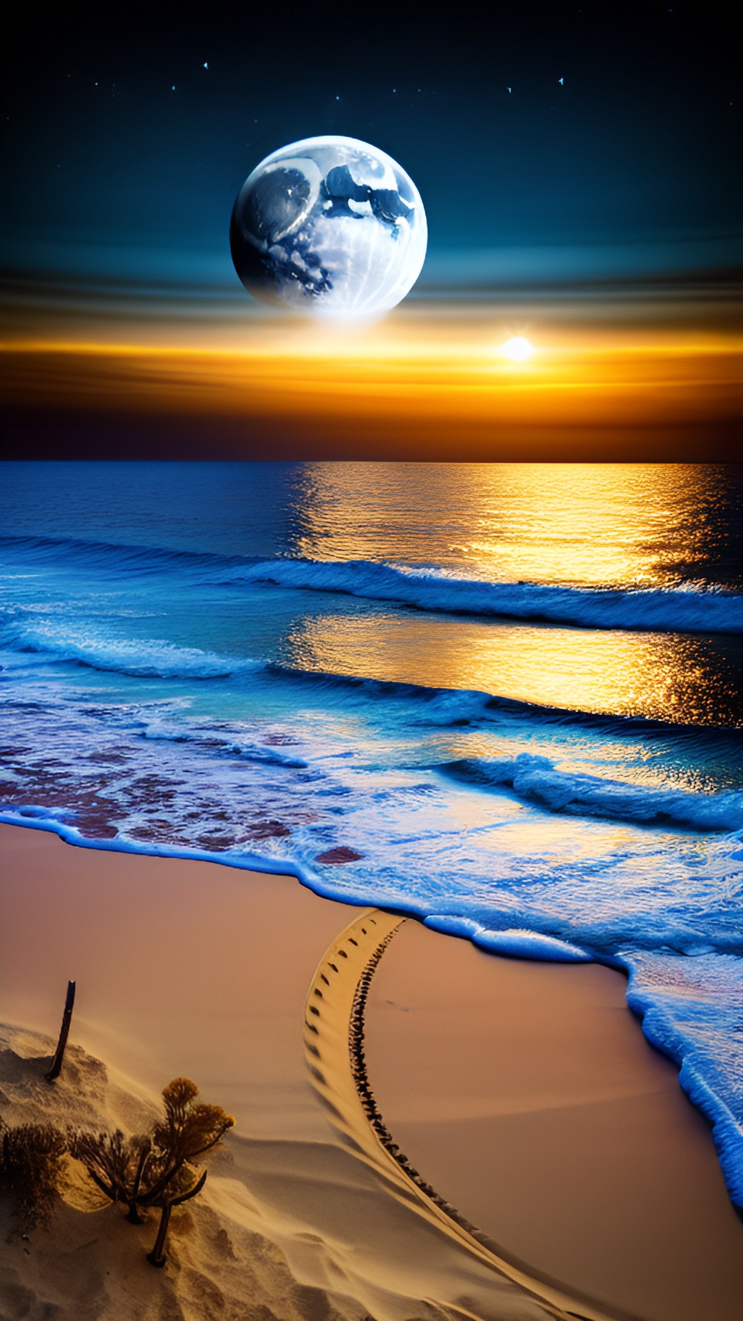 Sunset Moonrise - beach with ocean seen at night on a different planet with 2 moons preview