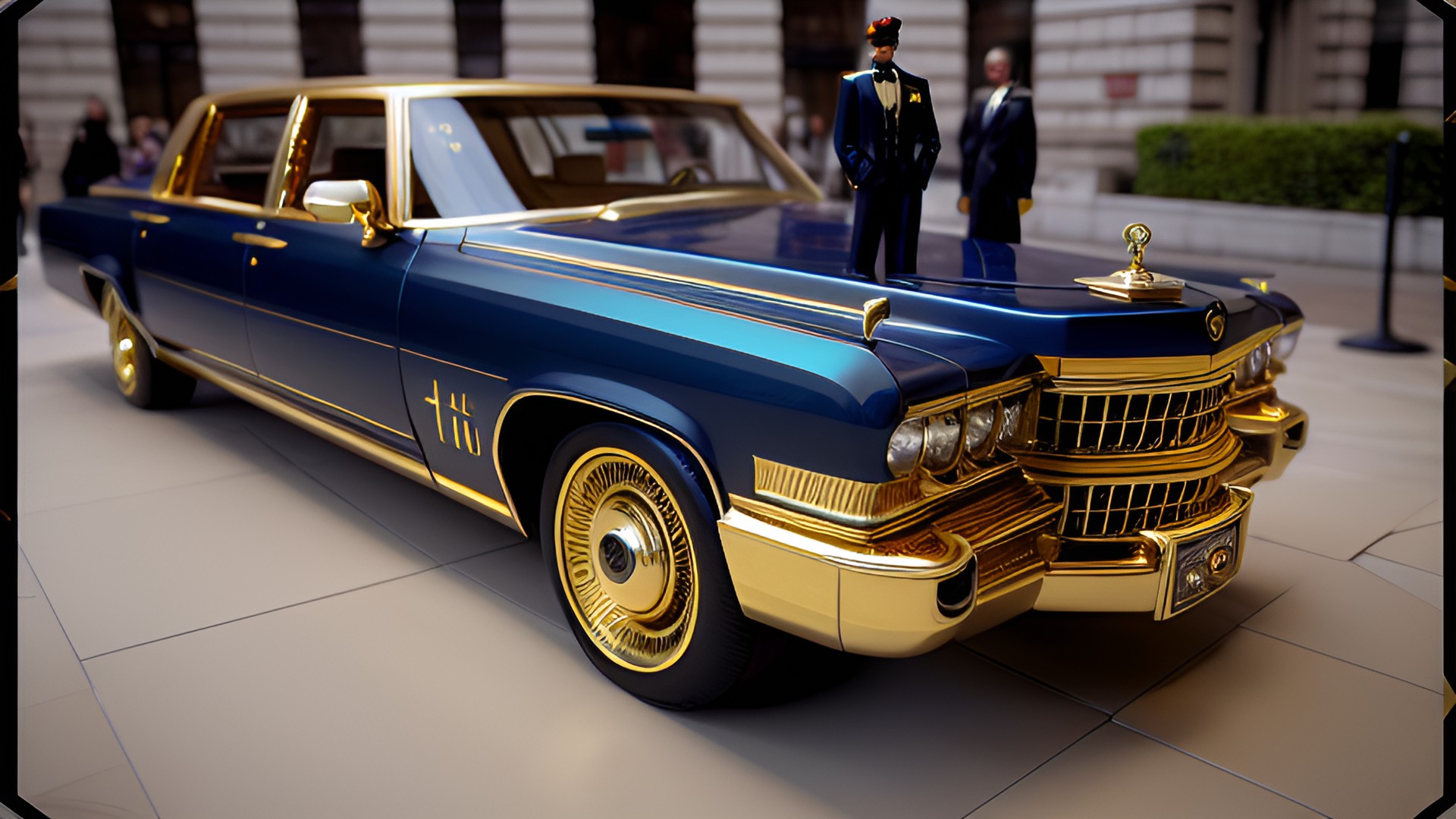 gold baroque cadillac sedan dark blue gold long gold front solid gold grill whitewall tires figurehead gold grille preview