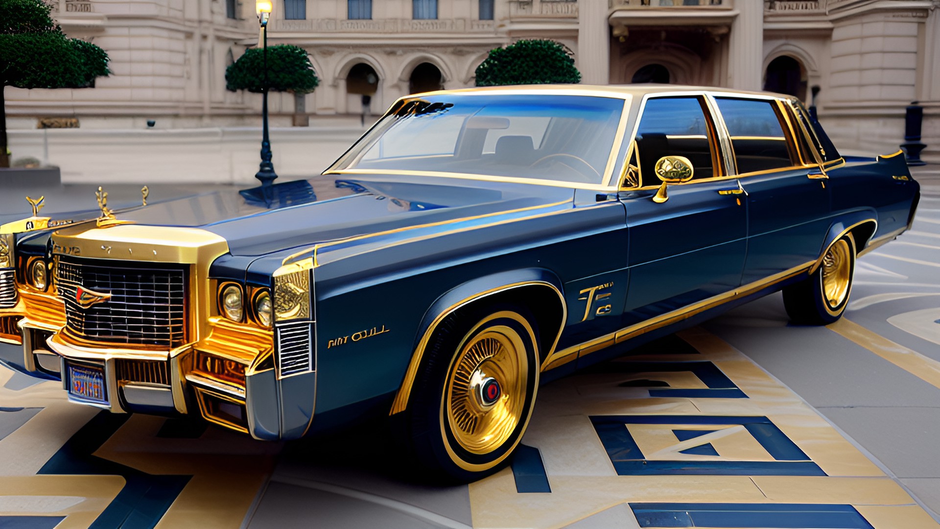 Galaxy Tycoon - gold baroque cadillac sedan dark blue gold long gold front solid gold grill whitewall tires figurehead gold grille preview