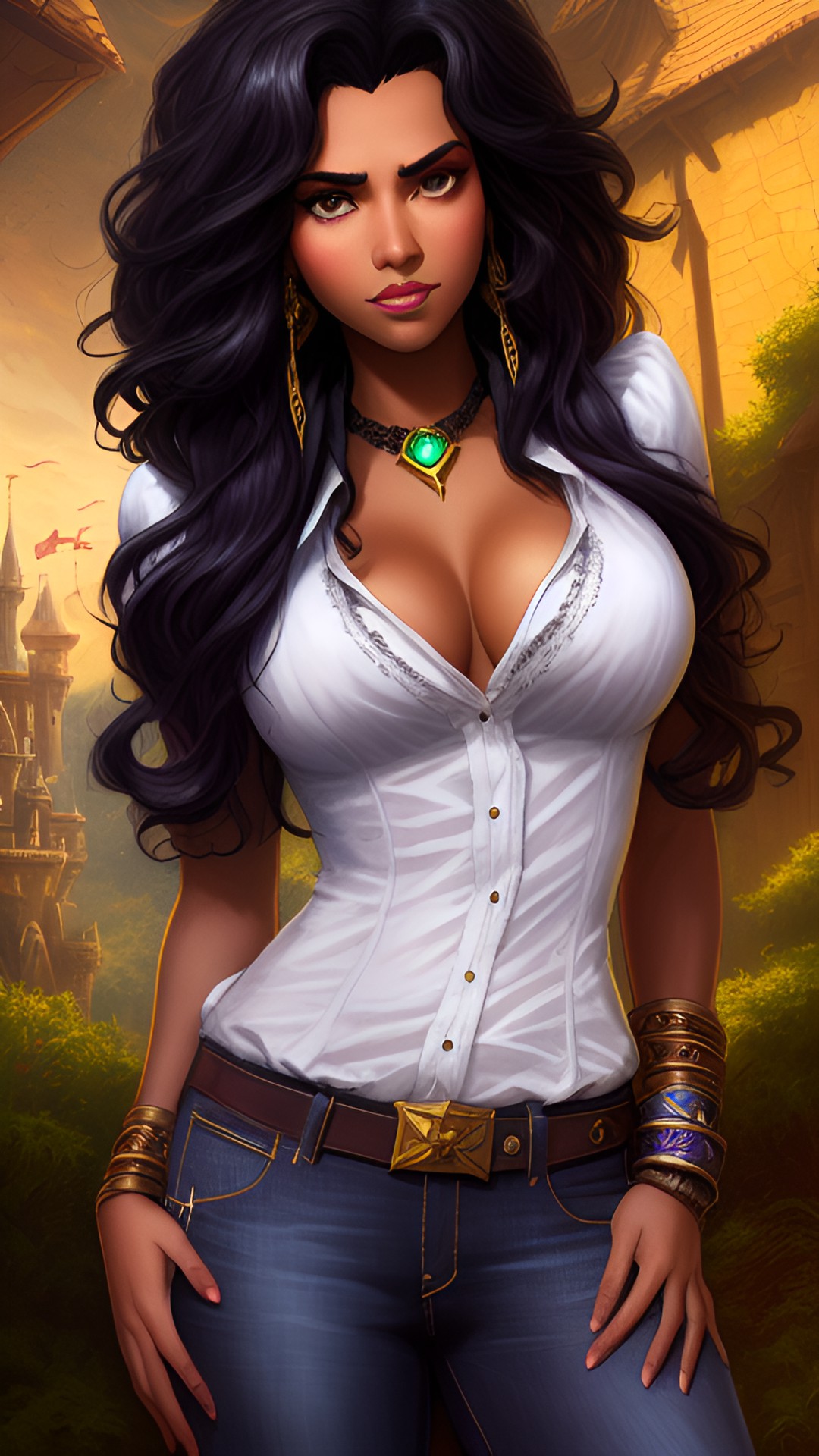 disney esmeralda, league of legends styled, black hair, brown skin, white shirt and jeans preview