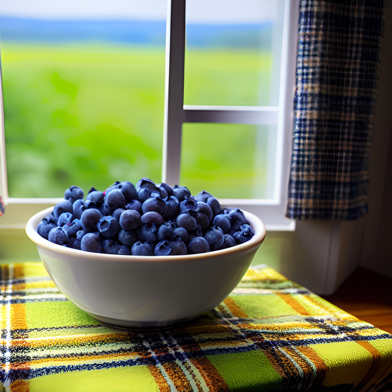 blueberries in an earthenware bowl on a checkered tablecloth near a window with a rural view preview