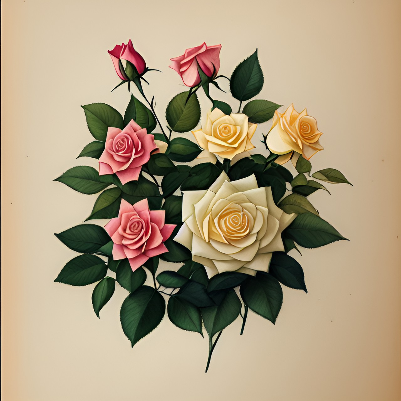 vintage botanical drawing of roses on aged paper, pastel colours, paul gervais, sublime preview