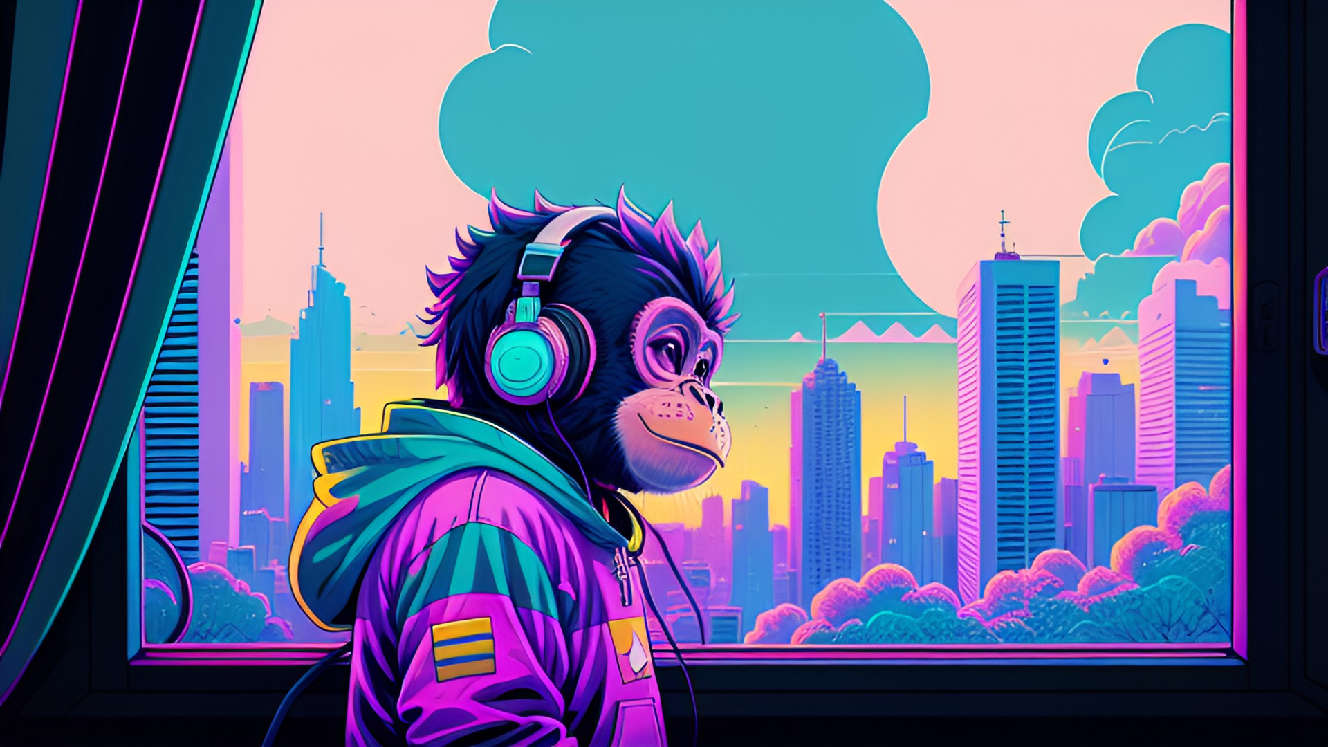 monkey with headphones, listening to lofi music, looking out a window in the city preview