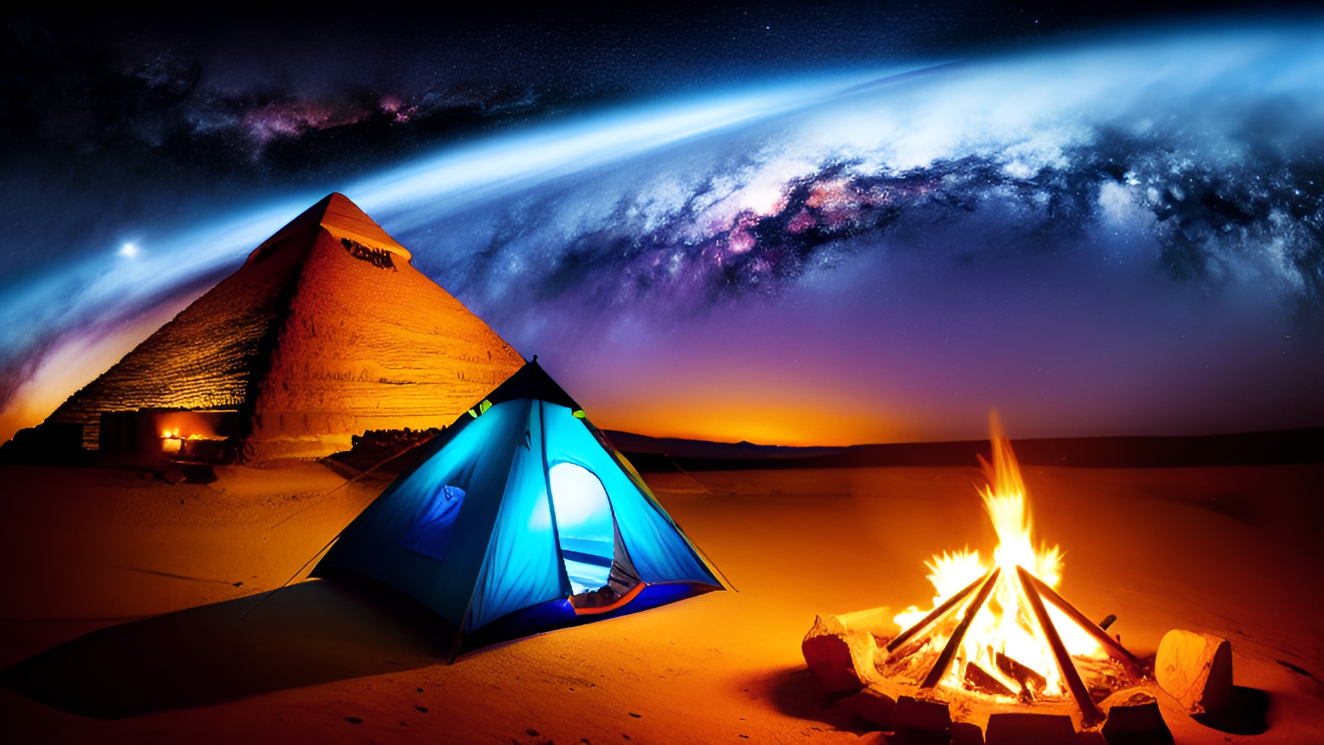 Summer Camp - egyptian pyramid as camping tent with a roaring fire and bright galaxy in background preview