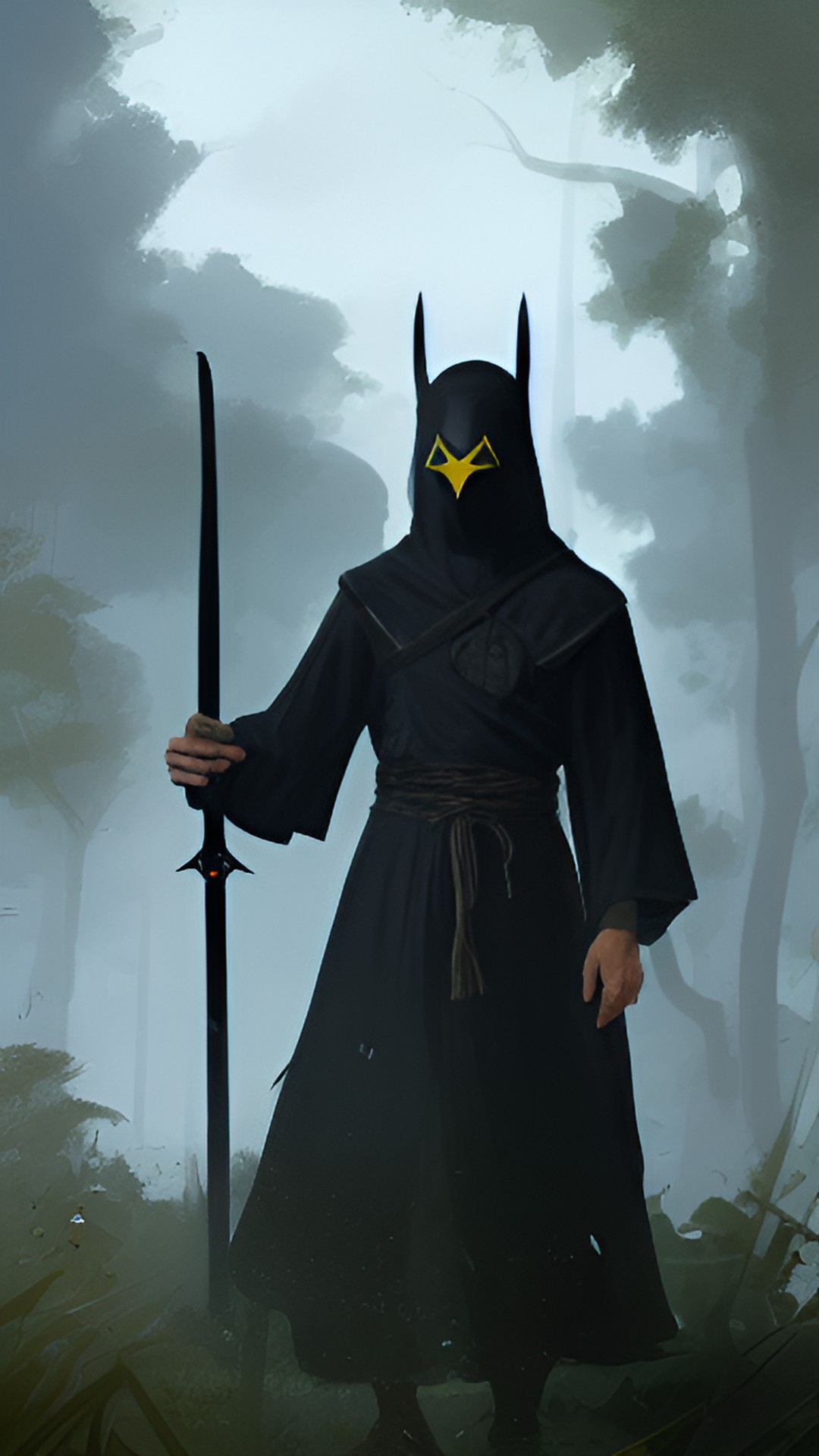 mystical man in simple black robes and a friendly posture. wears a black bird mask on his face and carries a black sheathed sword in one hand. preview