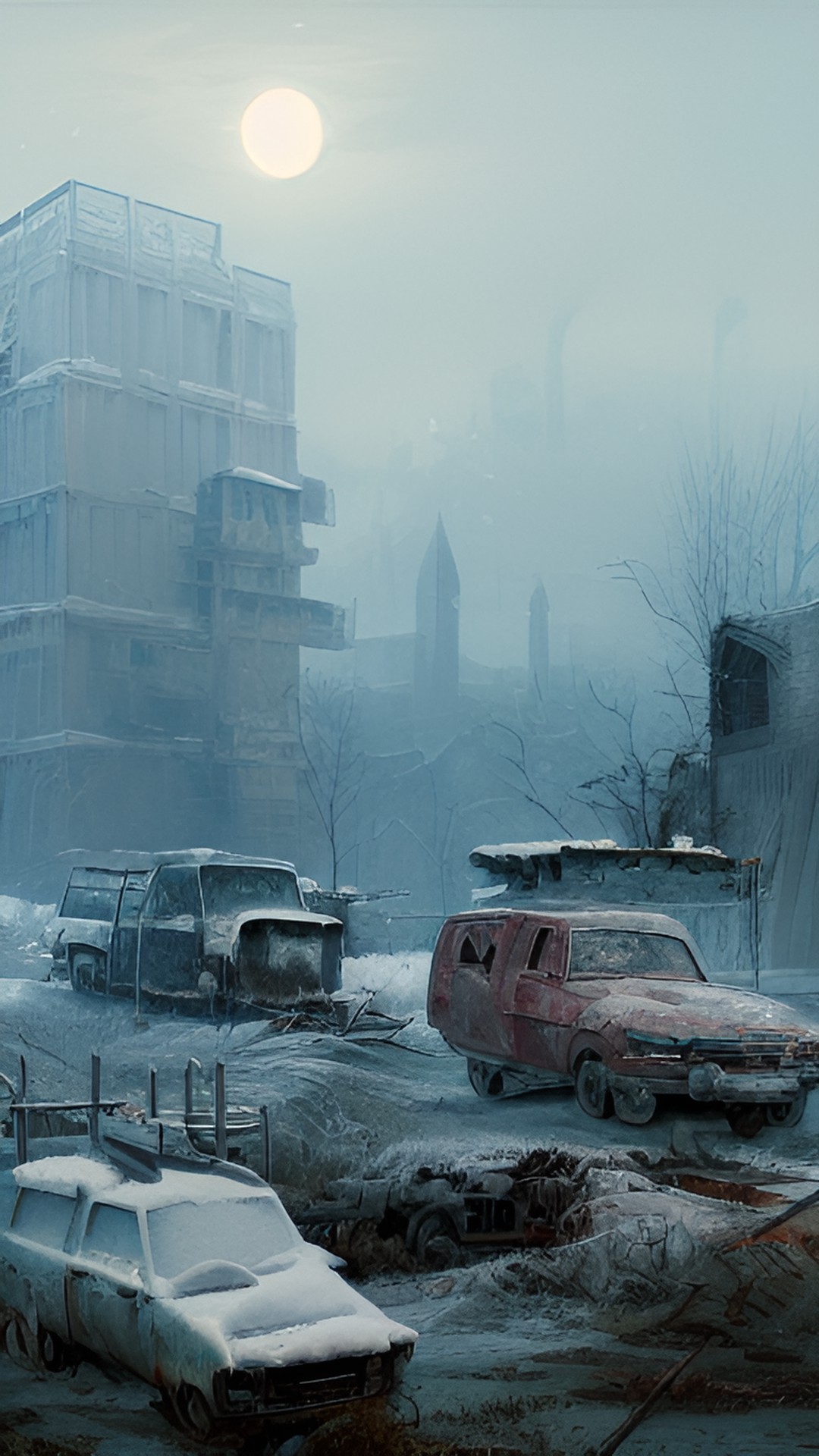 Whiteout - frozen post-apocalyptic wasteland with stark white snow covering abandoned buildings and vehicles. the only sound is the howling wind. a desolate and eerie scene. preview