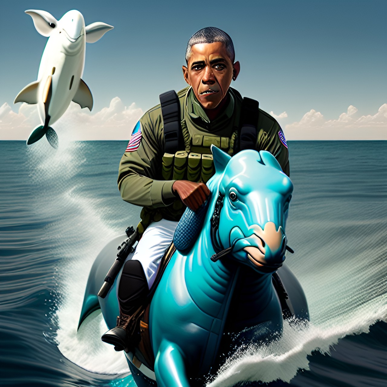 barrack obama riding a dolphin and holding an m4 carbine preview