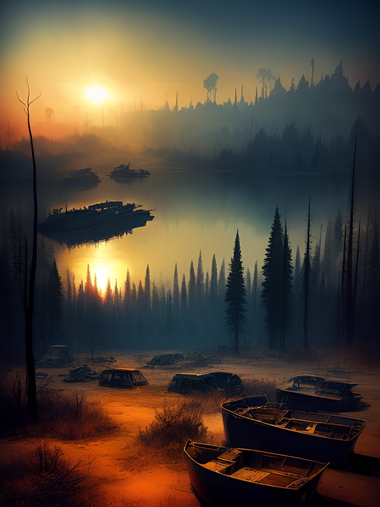 post apocalyptic lake with burnt trees, 2 suns and destroyed boats - post-apocalyptic lake with burnt trees, two suns in the sky, and destroyed boats on the shore. the scene is desolate and eerie, a s preview