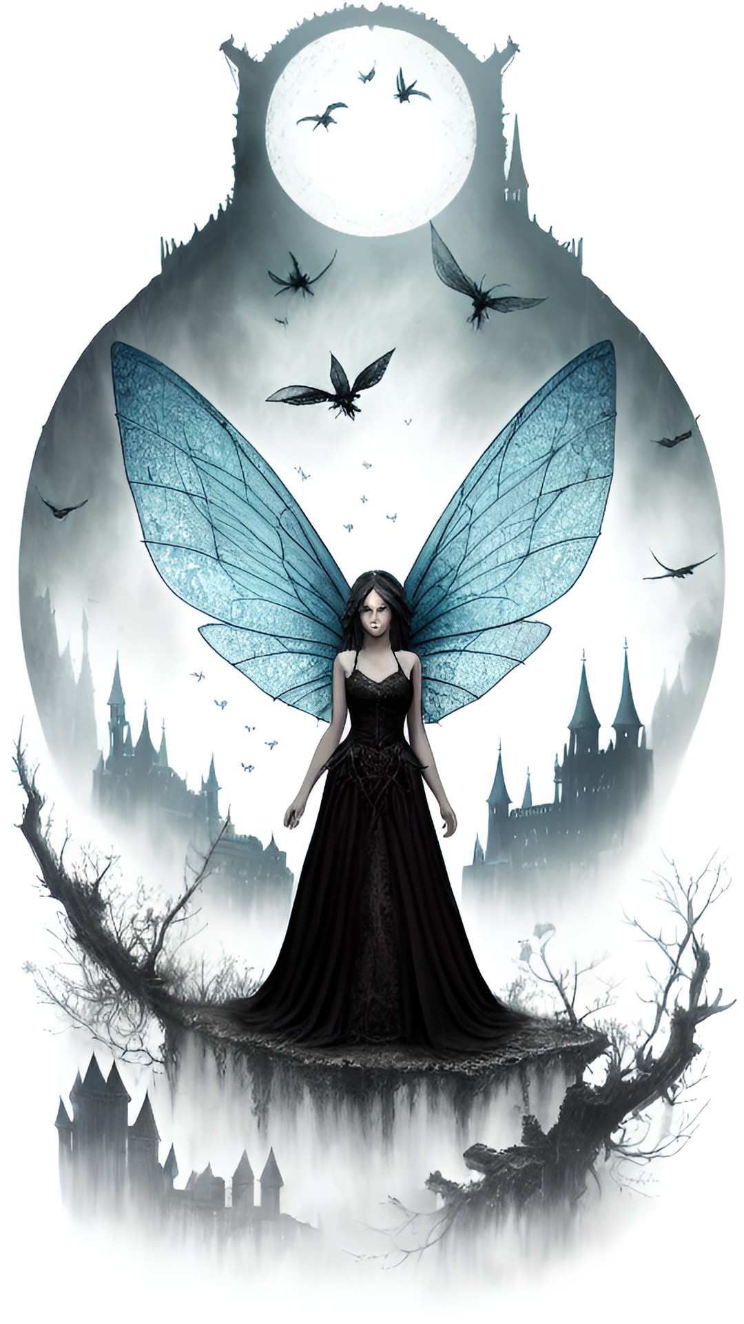 Fairy dark - fairy with wings. dark. spiderwebs. ruined castle. living shadows preview