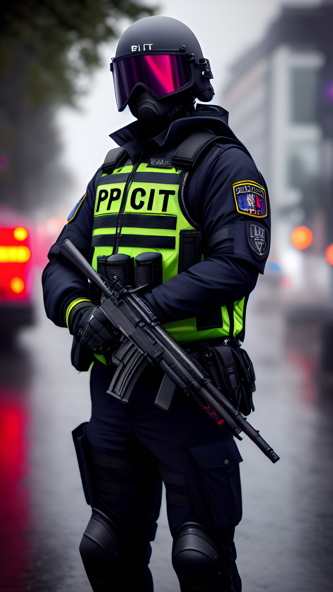 riot police , detailed vest , detailed logo jacket , detailed fabric texture , light reflections , shadows , grayish atmosphere,  rainy weather , 8k resolution preview