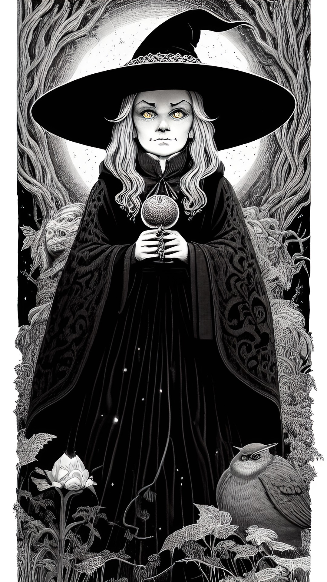 A Very Swedish Witch - a very swedish witch by basil wolverton, hannes bok, b&w pen-and-ink, ink dot shading preview