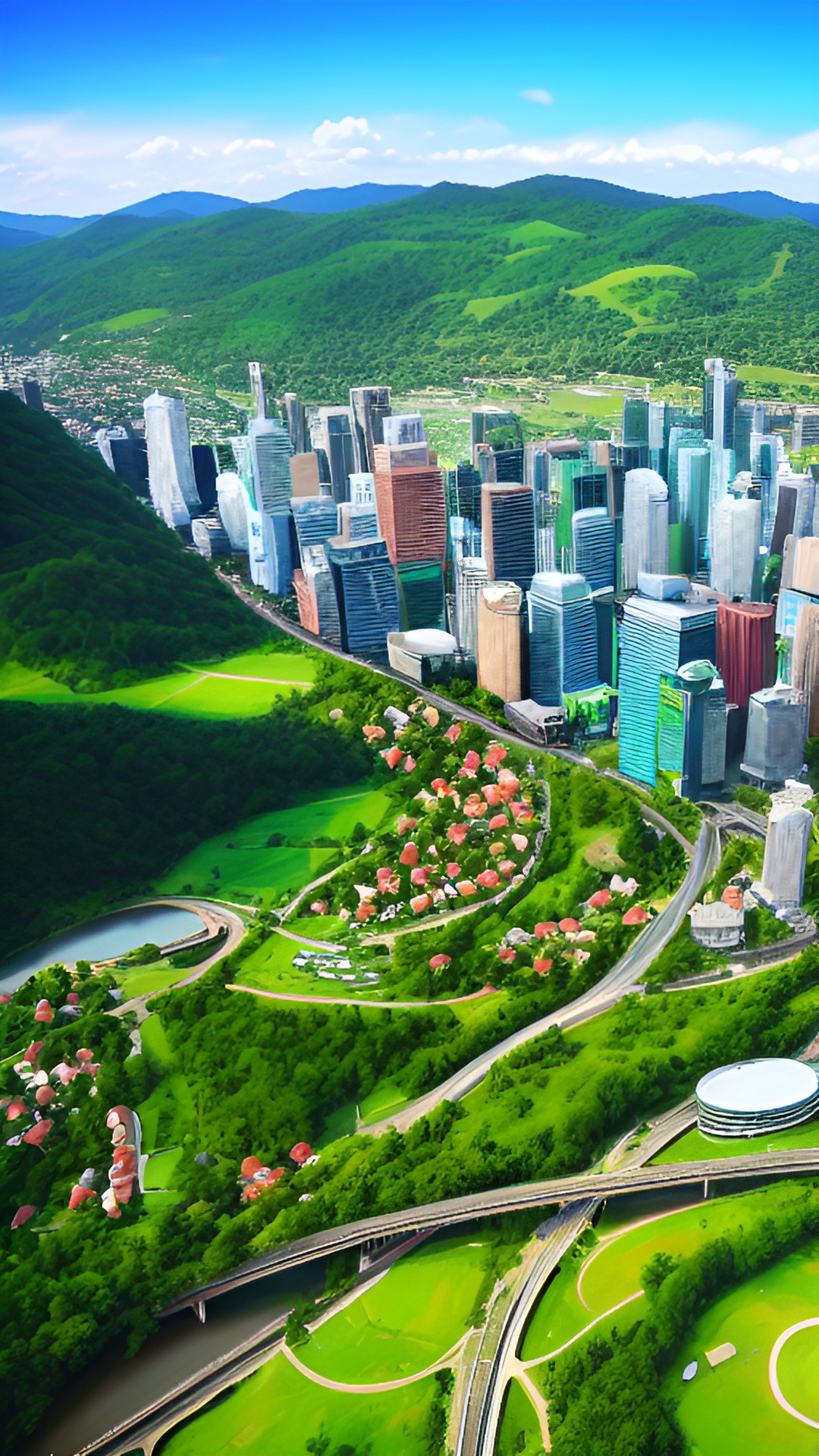 green city hillside skyline skyview, mountain hills, towers, winding river with bridge preview