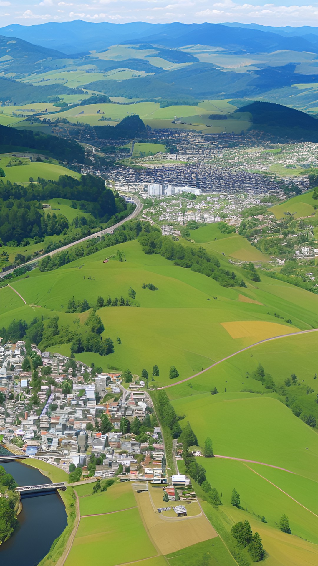 rural city hillside skyline skyview, mountain hills, towers, winding river with bridge and farmlands preview