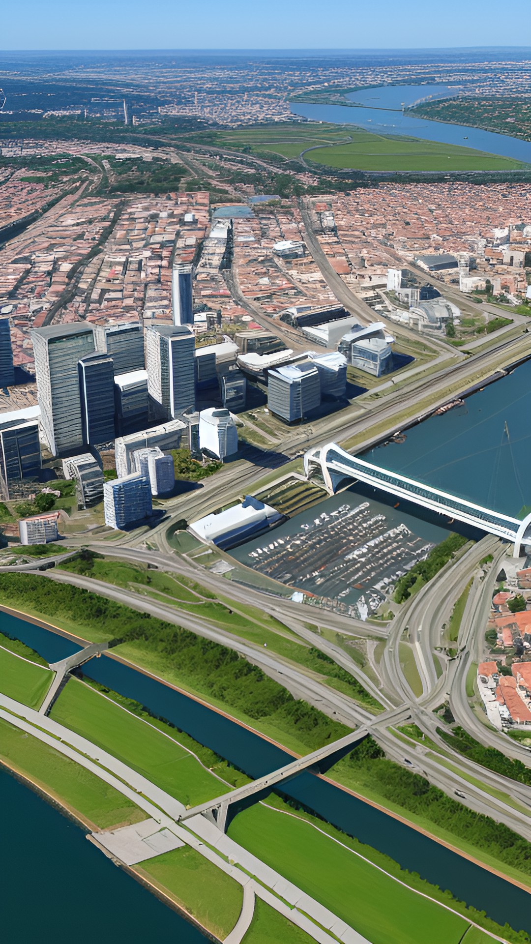 city hillside, river with bridge and farmlands, seaside port and airport amd stadium and highway, industrial areas, pedestrian district, commercial zones, residental buildings preview