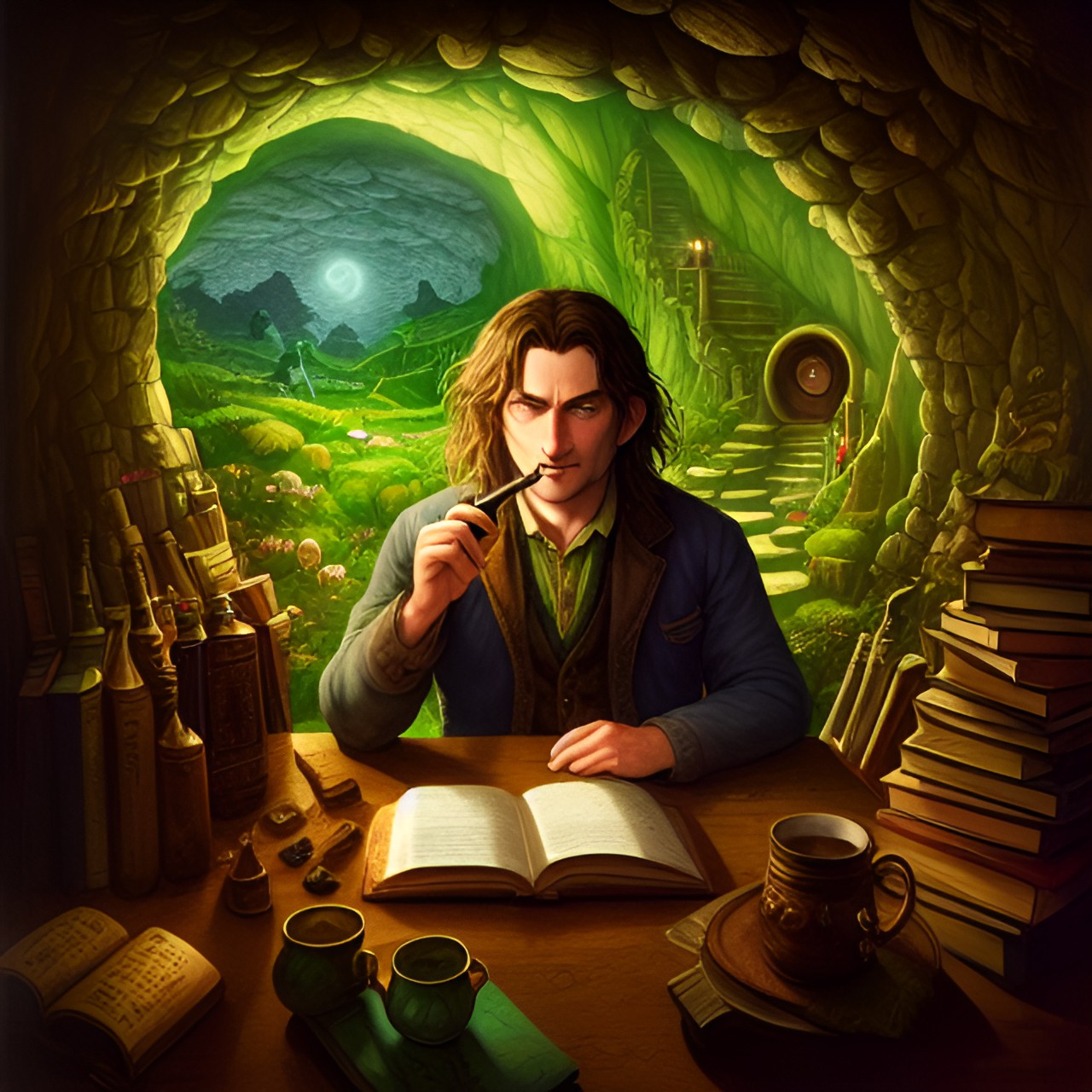 LOTR - a hobbit in the cavern , brown hair, green eyes , pipe smoking , books , a ring preview