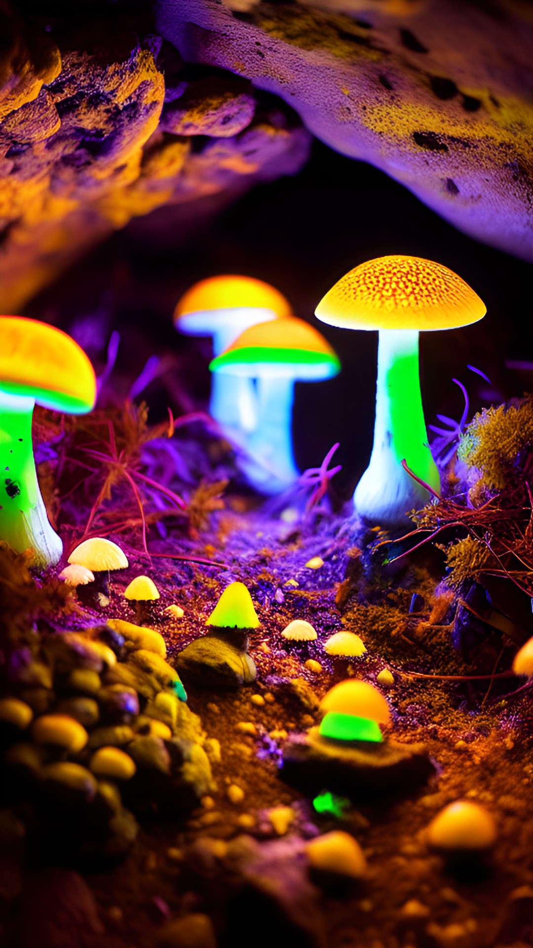 realistic fluorescent glowing mushrooms in a cave preview