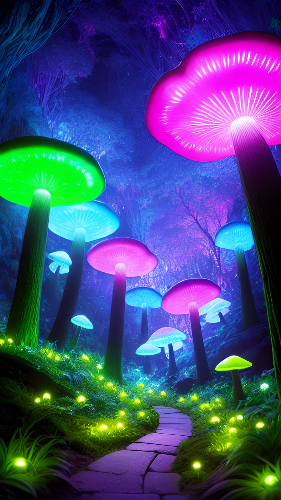 realistic fluorescent glowing mushrooms in a giant lush cave woth fireflies preview