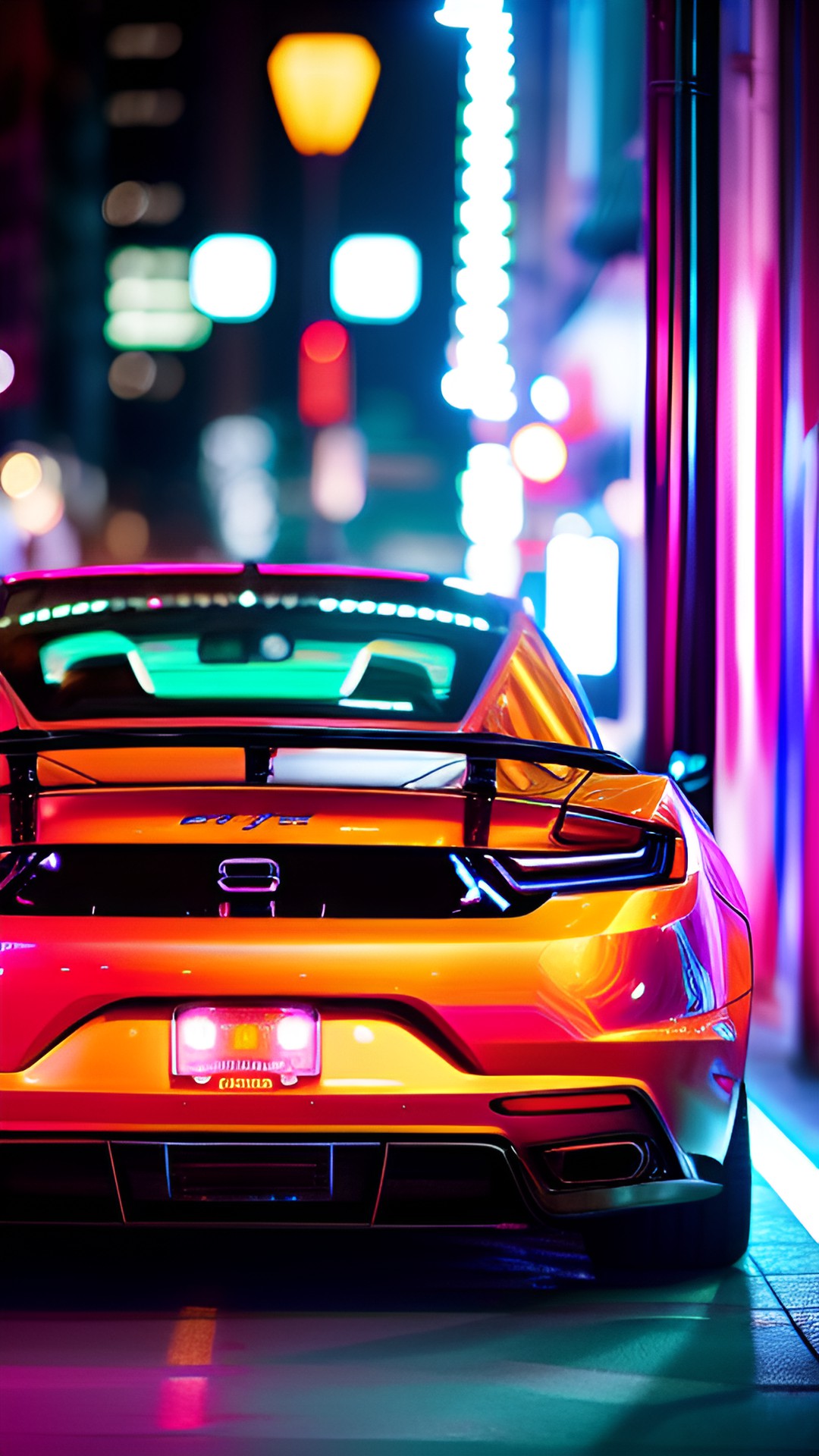 かっこいい車を写真のように描いて欲しい - a sleek and shiny sports car parked in a neon-lit city street, its chrome accents gleaming in the night." preview