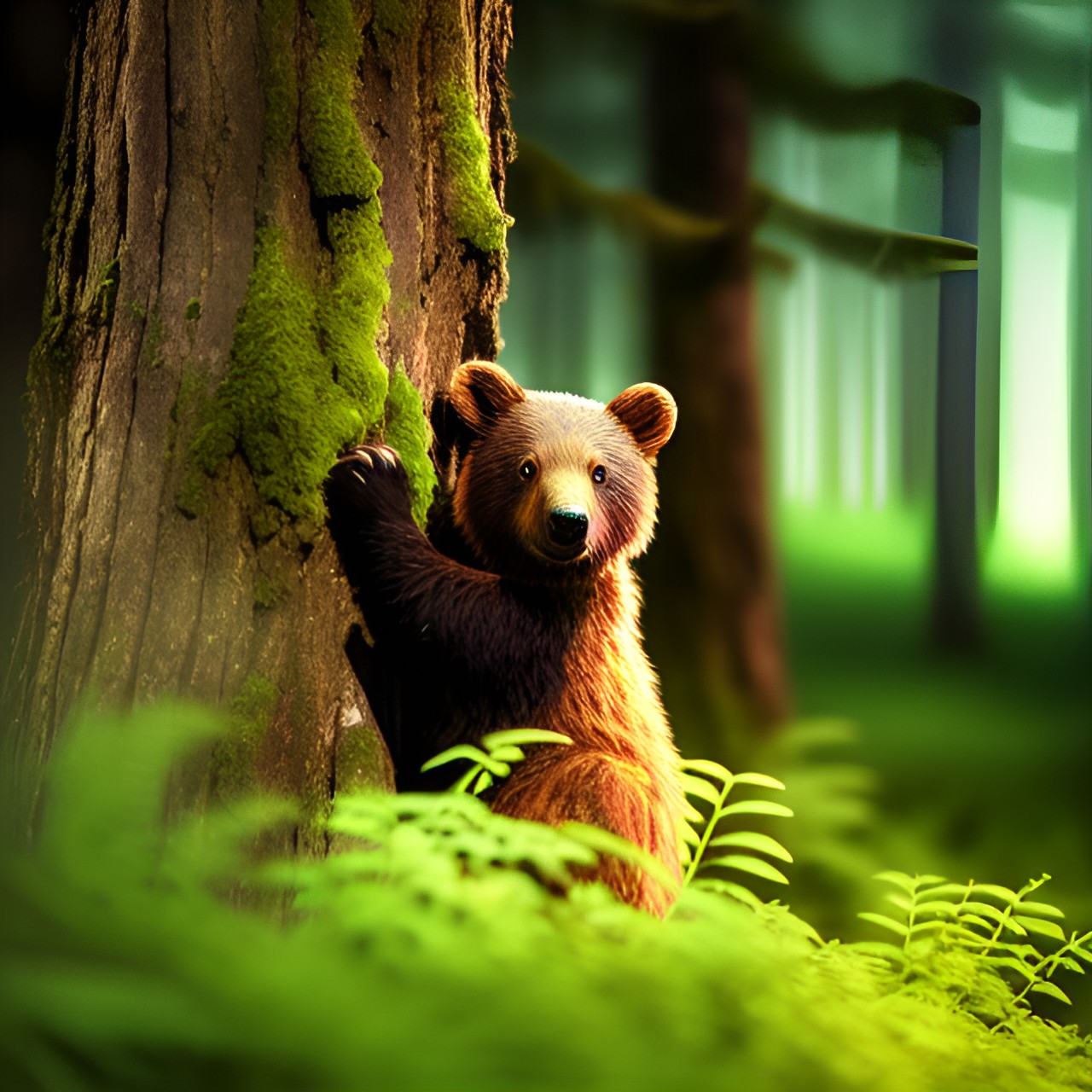 little baer on a tree in a green forest at night preview