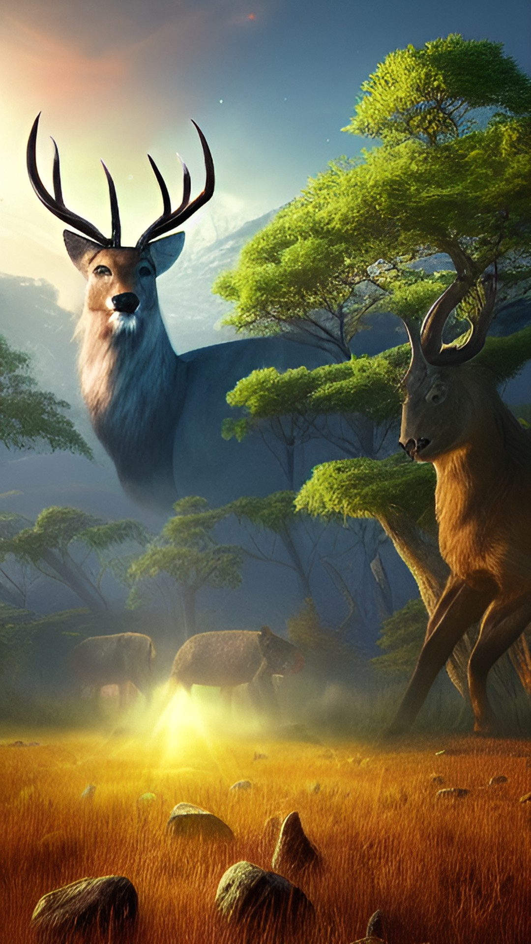 a majestic hind in a alien landscape during a dual sun sunset. make the eyes really clear. the hind should have large antlers.
 also include michael jackson and nelson mandela in the picture. i want a peaceful and harmonic tone of voice. preview