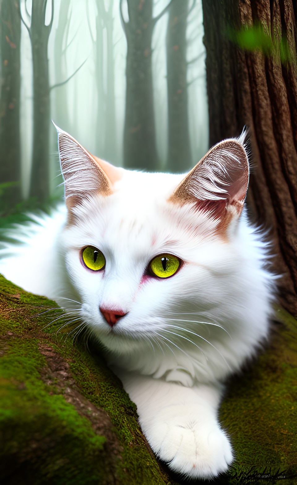 whitestorm, fluffy, snowy-white cat, amber eyes, in a forest, warrior cat art style, hd. preview