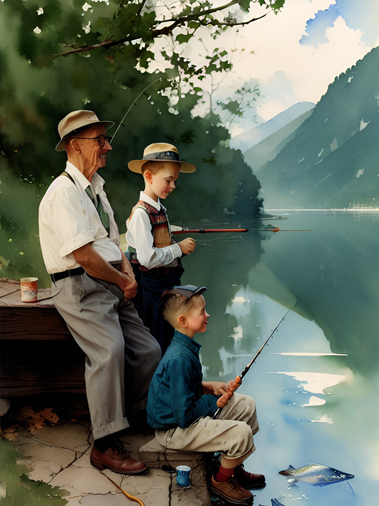 Fishing with Grandpa - norman rockwell, 1950s, fishing with grandpa, excited faces, highly intricate, 8k, super complex, detailed hair eyes skin preview