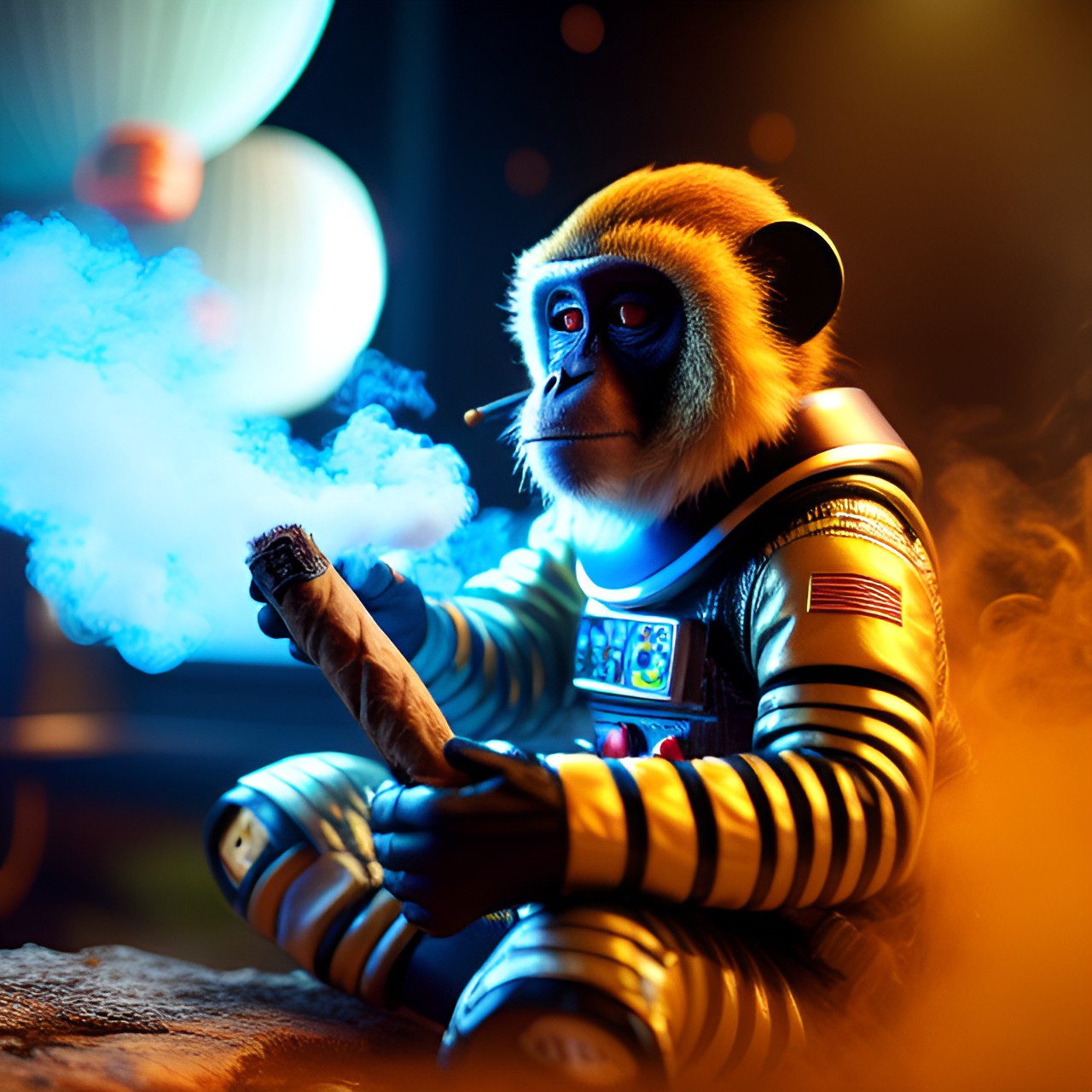 monkey in a space suit smoking a cigar, cool, swag, moody, wisps of smoke, uhd, 8k, highly detailed, hyper realistic, epic preview