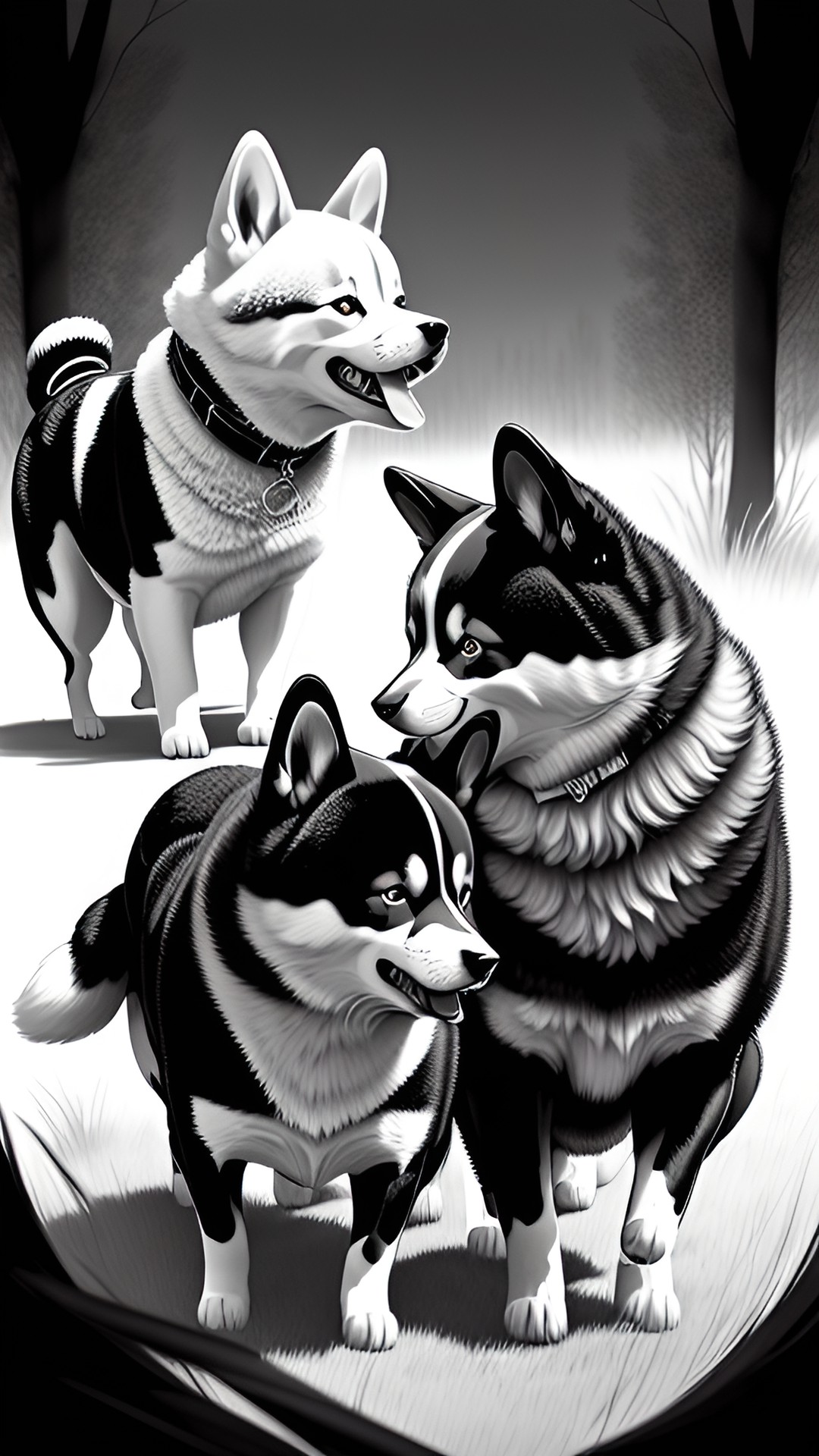 shiba inu fighting a corgi. - shiba inu and corgi fighting in a park. the shiba has a fierce look, while the corgi tries to hold its ground. onlookers cheer and laugh. preview