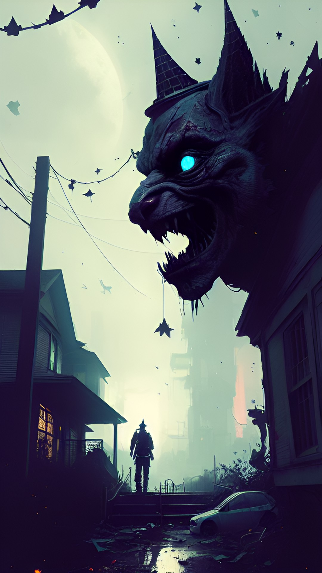 abandoned rundown suburban neighborhood street, in the middle of the night, streetlights broken, litter, broken down cars, stars out, partly cloudy, a scary ((gargoyle)) preview