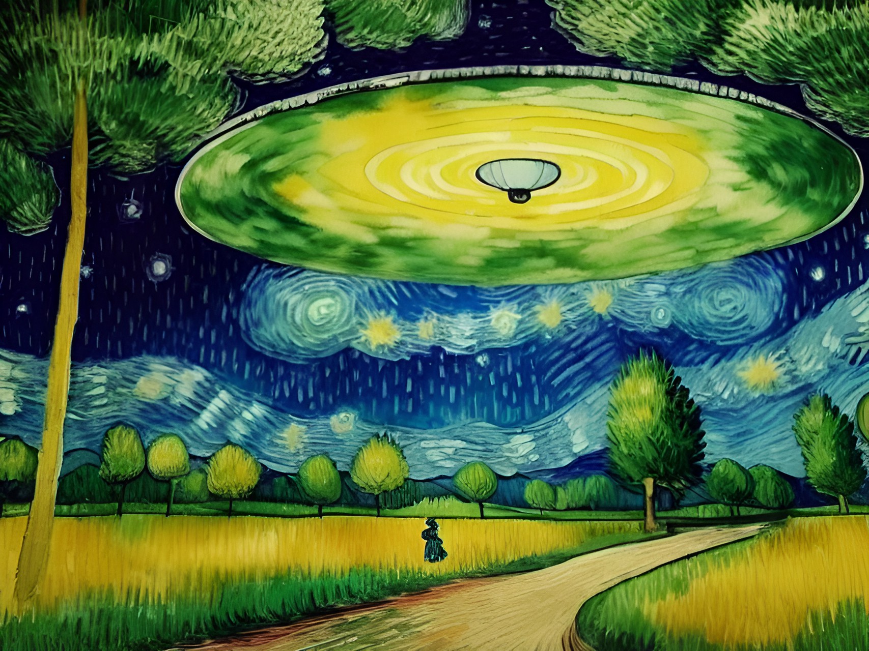 van gogh watercolor ufo dancing in forest with wingless angels preview