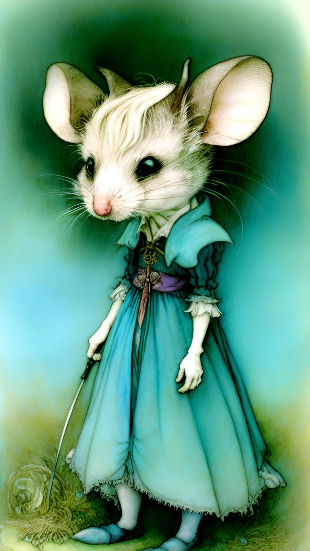 arthur rackham, brian froud, princess and anthropomorphic mouse, tim burton’s animation style, pastel blue, pink and green preview