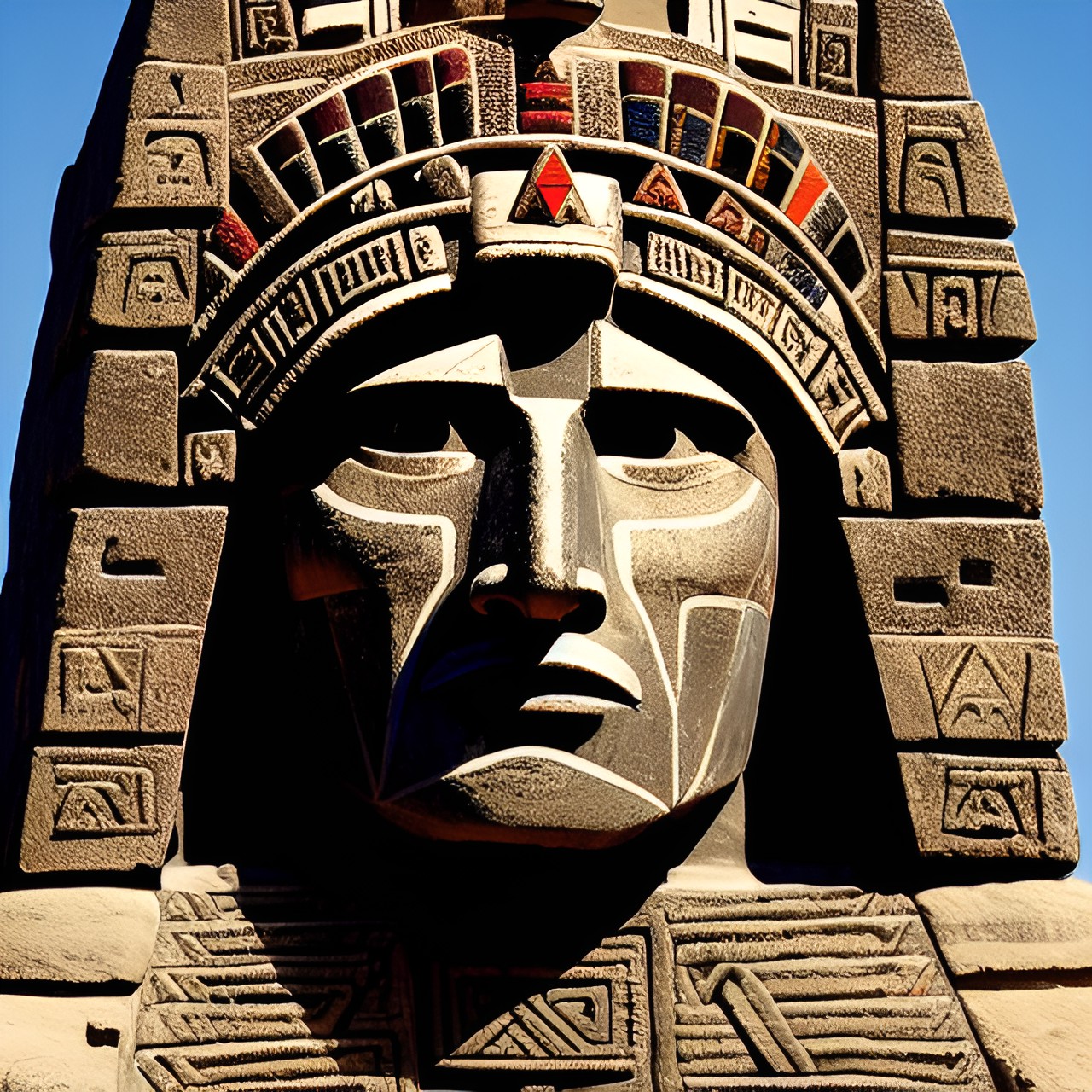 aztec man's face with aztec pyramid in the background. preview